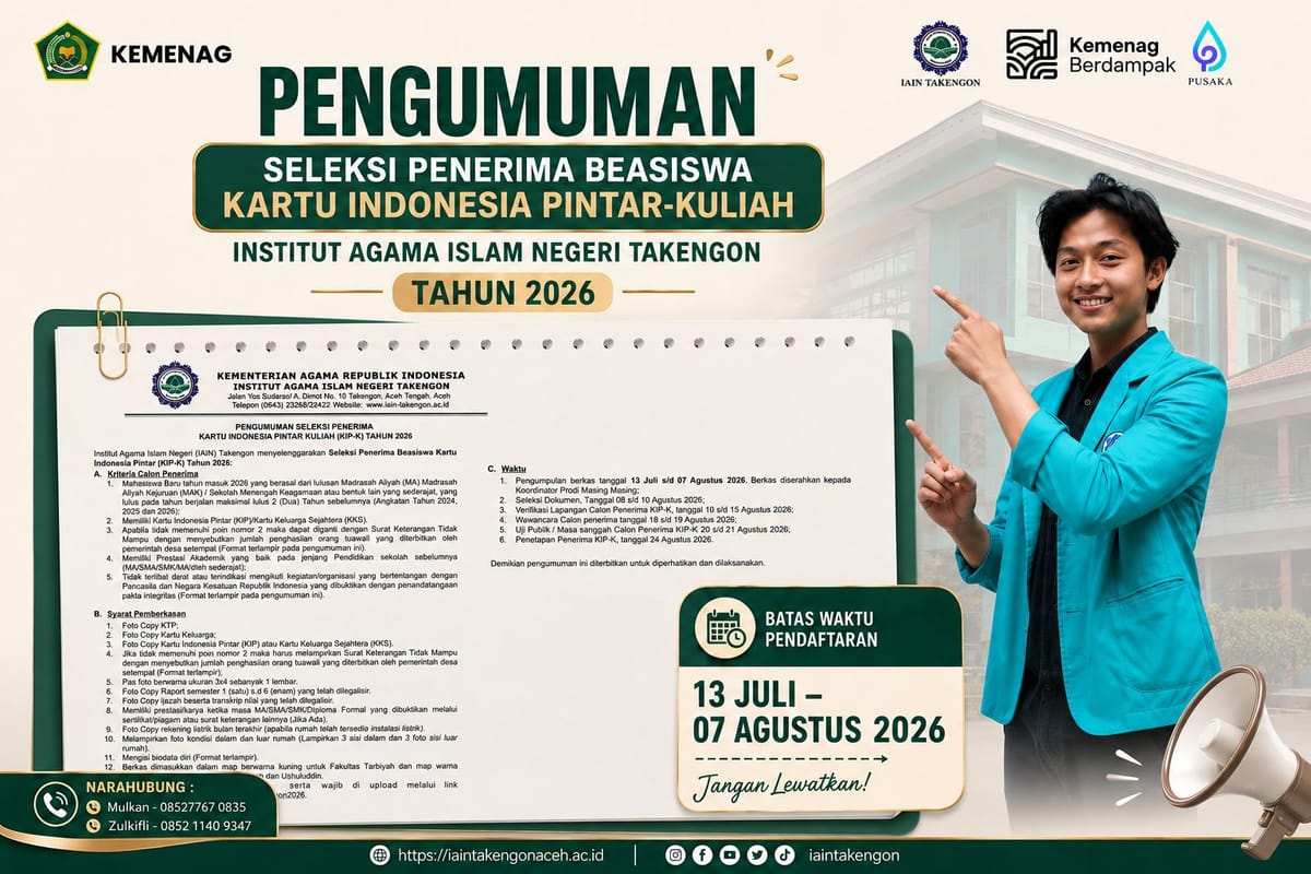 Pengumuman Seleksi Penerima Beasiswa Kartu Indonesia Pintar Kuliah (KIP-K) Tahun 2026 IAIN Takengon
